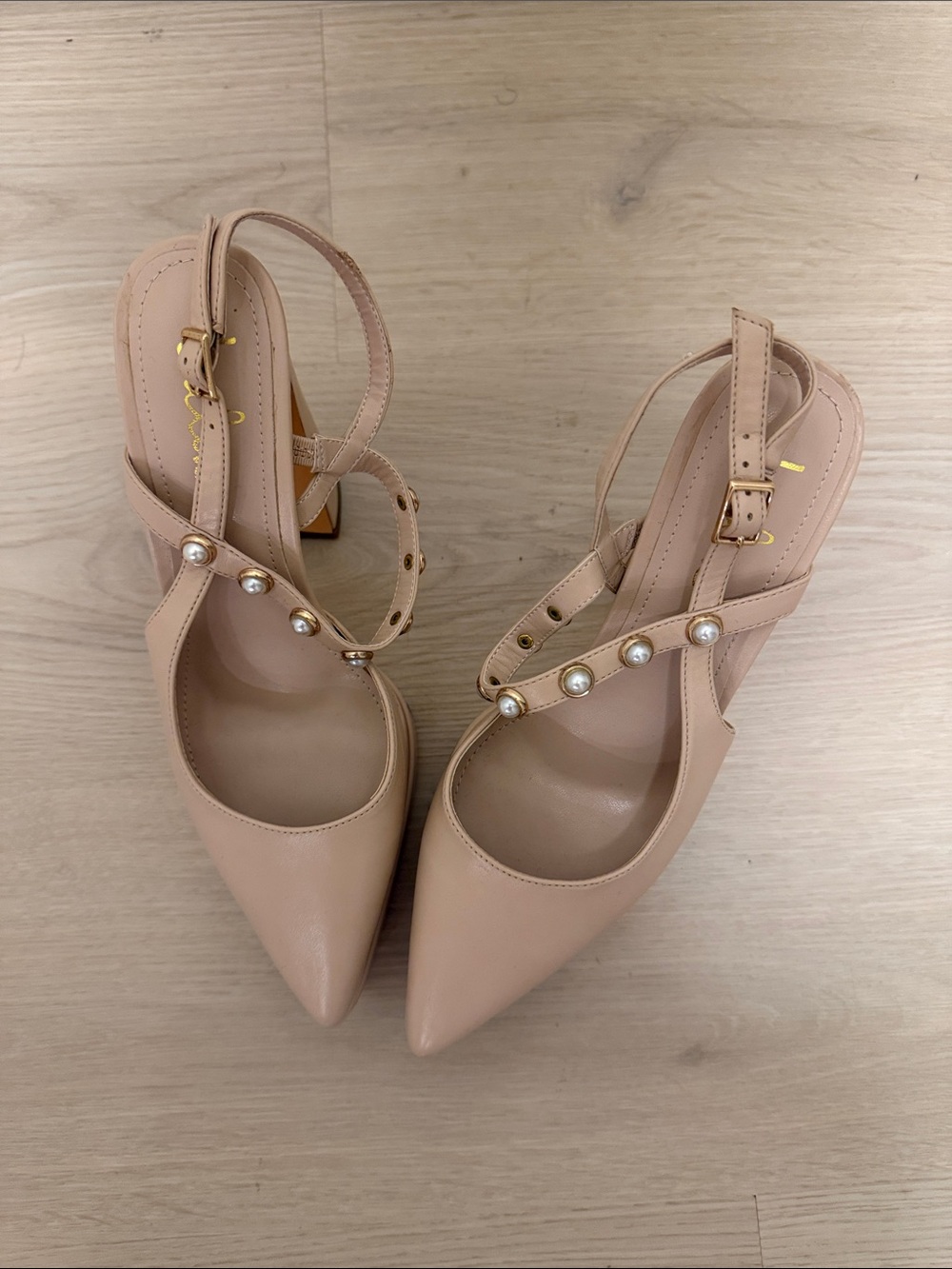 Pearl-Strap Nude Platform Slingback Heels